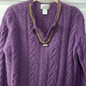 NEIMAN MARCUS SWEATER CABLE KNIT PATTERN SZ M DEEP PLUM JEWELED LAMBSWOOL/ANGORA